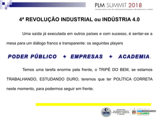4ª REVOLUÇÃO INDUSTRIAL ou INDÚSTRIA 4.0
Uma saída já executada em outros países e com sucesso, é sentar-se a
mesa para um diálogo franco e transparente: os seguintes players
.
Temos uma tarefa enorme pela frente, o TRIPÉ DO BEM, se estamos
TRABALHANDO, ESTUDANDO DURO, teremos que ter POLÍTICA CORRETA
neste momento, para podermos seguir em frente.
 