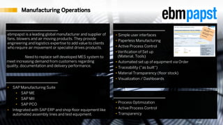 27For SAP Internal an SAP partner use only© 2017 SAP SE or an SAP affiliate company. All rights reserved. ǀ
Company
Solution
Process Innovation
Benefits
ebmpapst is a leading global manufacturer and supplier of
fans, blowers and air moving products. They provide
engineering and logistics expertise to add value to clients
who require air movement or specialist drives products.
Situation: Need to replace self developed MES system to
meet increasing demand from customers regarding
quality, documentation and delivery performance.
• SAP Manufacturing Suite
• SAP ME
• SAP MII
• SAP PCO
• Integrated with SAP ERP and shop floor equipment like
automated assembly lines and test equipment.
• Process Optimization
• Active Process Control
• Transparency
• Simple user interfaces
• Paperless Manufacturing
• Active Process Control
• Verification of Set up
(Material, Tools)
• Automated set up of equipment via Order
• Traceability (“as built“)
• Material Transparency (floor stock)
• Visualization / Dashboards
© 2016 SAP SE or an SAP affiliate company. All rights reserved. Public
Manufacturing Operations
 