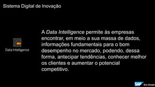 Sistema Digital de Inovação
Data Intelligence
A Data Intelligence permite às empresas
encontrar, em meio a sua massa de dados,
informações fundamentais para o bom
desempenho no mercado, podendo, dessa
forma, antecipar tendências, conhecer melhor
os clientes e aumentar o potencial
competitivo.
 