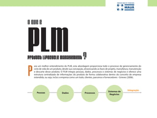 ara um melhor entendimento do PLM, esta abordagem proporciona todo o processo de gerenciamento do
ciclo de vida de um produto, desde sua concepção, atravessando as fases de projeto, manufatura, manutenção
e descarte desse produto. O PLM integra pessoas, dados, processos e sistemas de negócios e oferece uma
estrutura centralizada de informações do produto de forma colaborativa dentro do conceito de empresa
estendida, ou seja, inclui a empresa como um todo, clientes, parceiros e fornecedores - Grieves (2006).
P
o que é
?
PLMProduct lifecycle Management
Pessoas
Sistemas de
Negócios
Dados Processos
Integração
 
