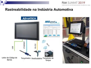 Rastreabilidade na Indústria Automotiva
USB
ETHERNET
RS-232
TorquímetroLeitor de Código de
Barras
Transdutor de
Torque
Parafusadeira
 