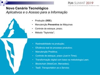 Novo Cenário Tecnológico
Aplicativos e o Acesso para a Informação
• Produção (OEE);
• Manutenção Preventiva de Máquinas
• Controle de estoque, prazo;
• Método “Taylorista”;
• Rastreabilidade na produção;
• Eficiência real do processo produtivo;
• Manutenção Preditiva;
• Controle de estoque, prazo (Just In Time);
• Transformação digital com base na metodologia Lean;
• Blockchain (MobiCoin, Mercedes);
• TaaS: Transportation as a Service;
 