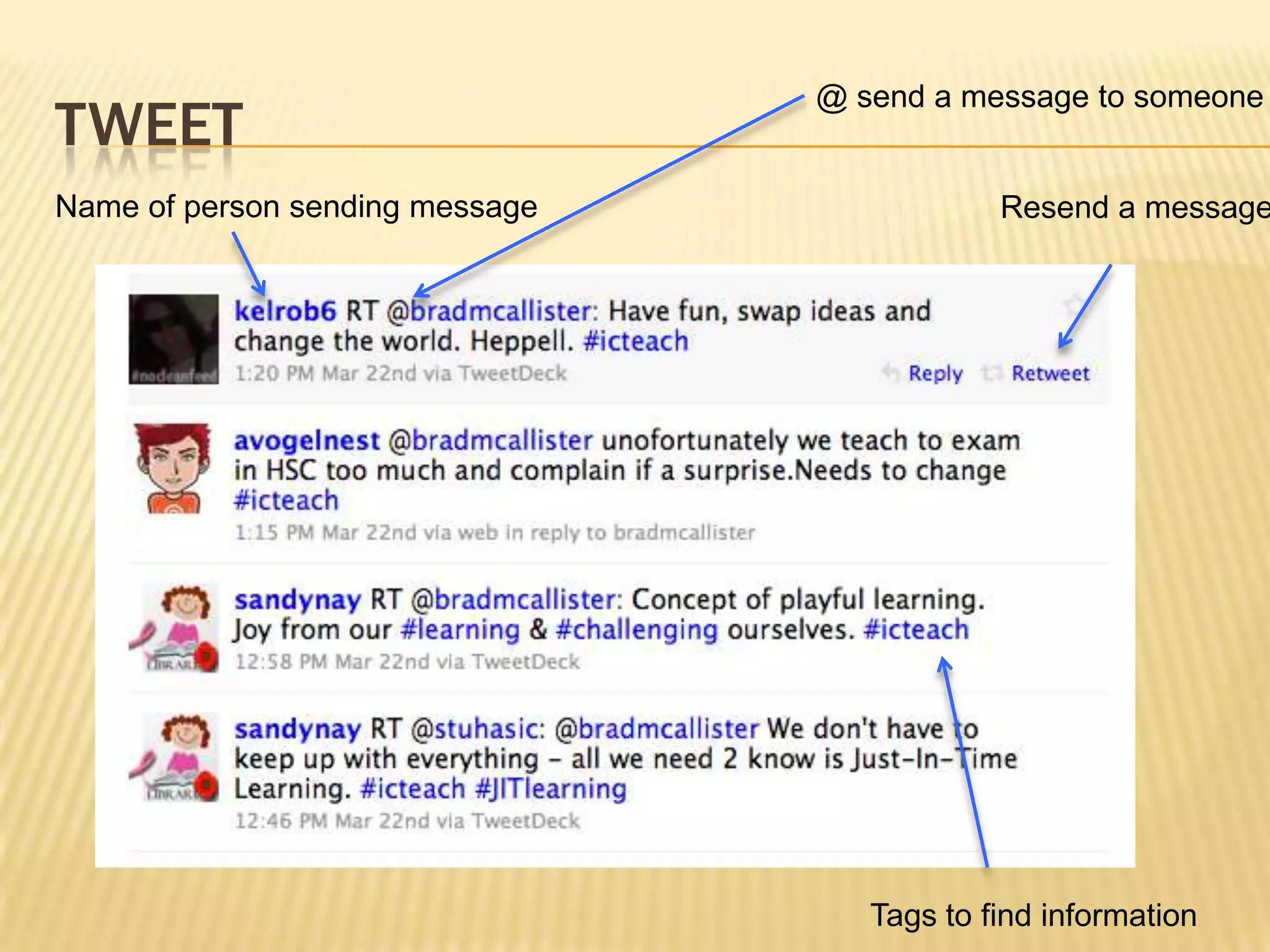 tweet@ send a message to someoneName of person sending messageResend a messageTags to find information