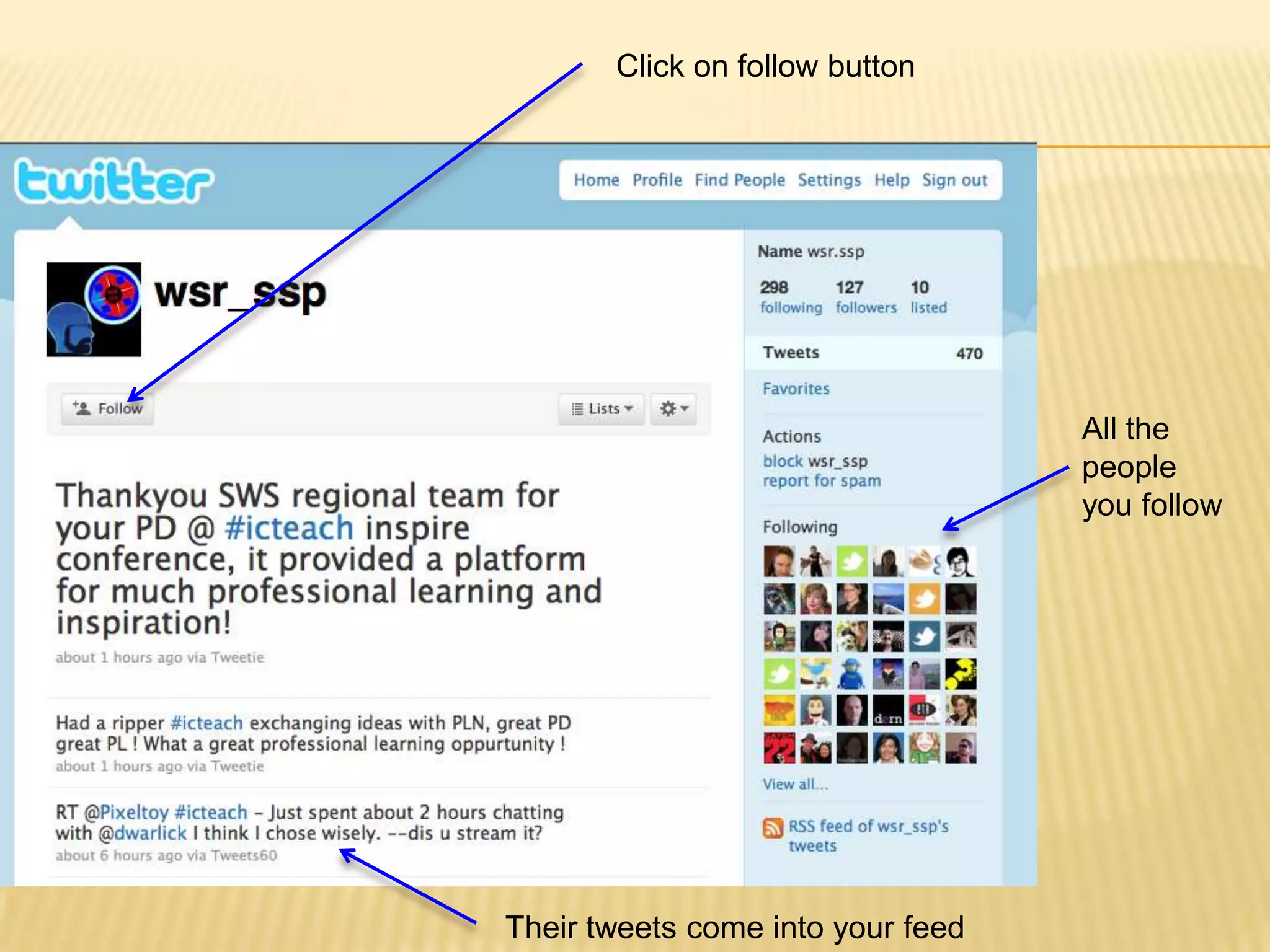 Click on follow buttonAll the people you followTheir tweets come into your feed