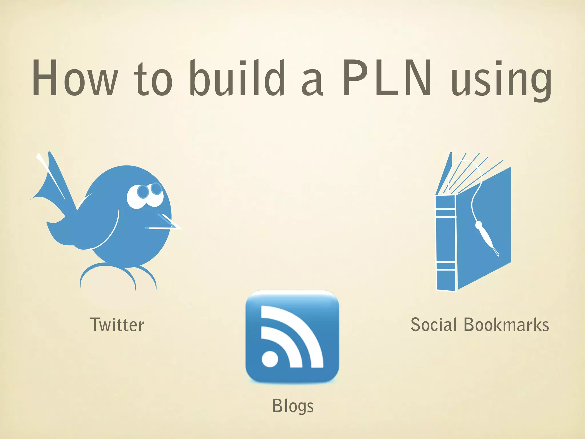 How to build a PLN using



  Twitter           Social Bookmarks



            Blogs
 