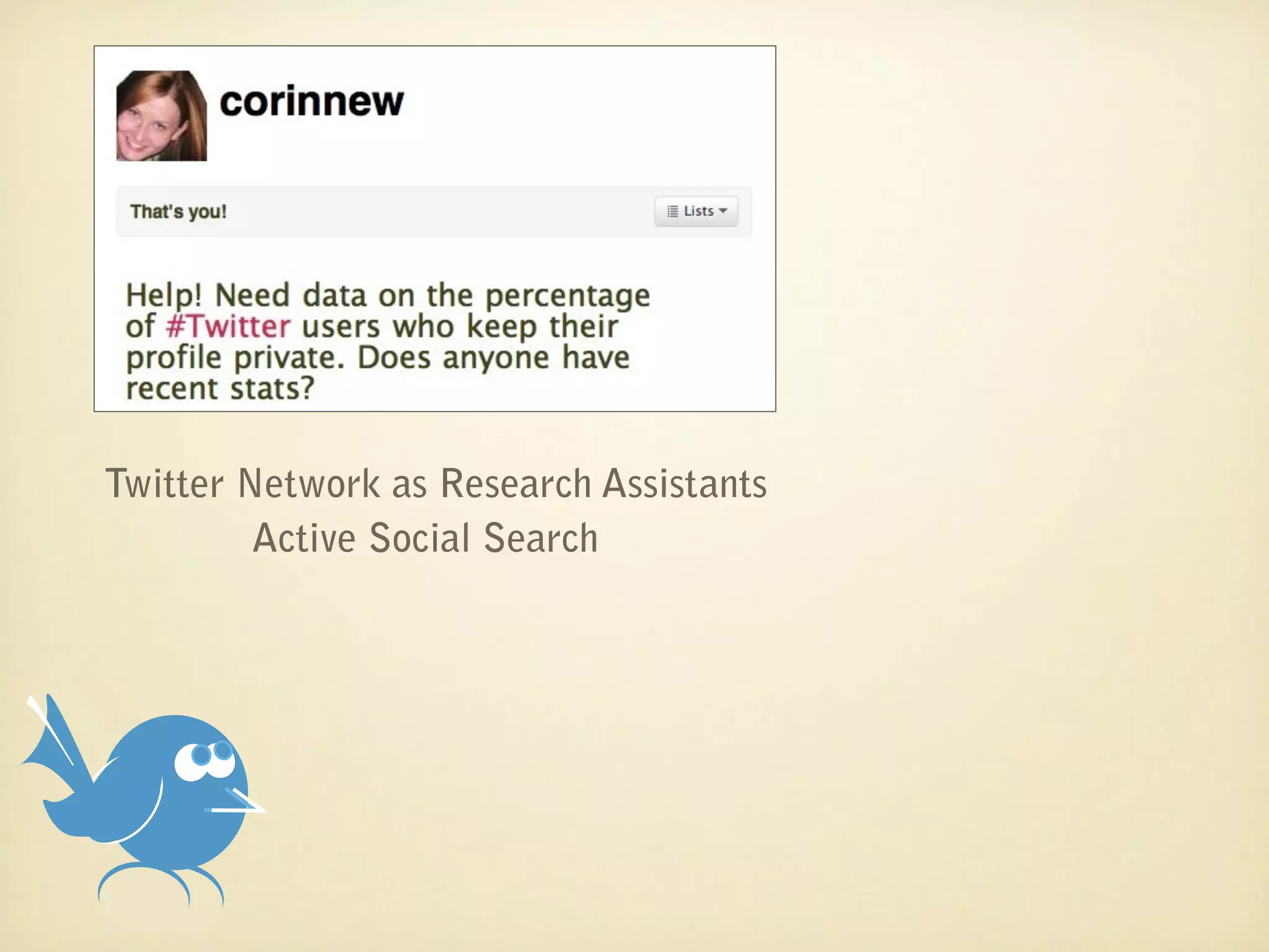 Twitter Network as Research Assistants
         Active Social Search
 
