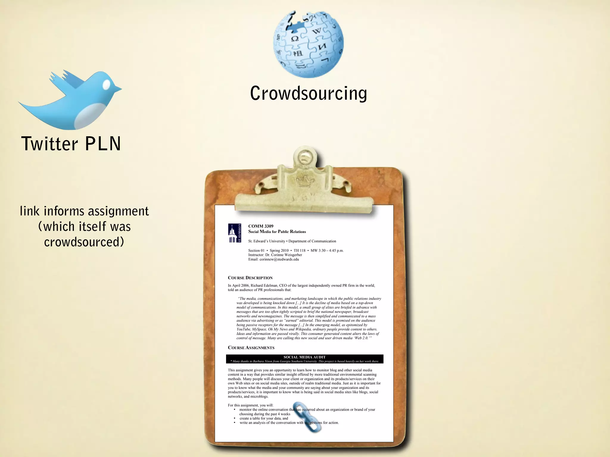 Crowdsourcing

Twitter PLN


link informs assignment
    (which itself was                    COMM 3309
                                         COMM 3309
                                         Social Media for Public Relations
                                         Social Media for Public Relations

     crowdsourced)                       St. Edward’s University ••Department of Communication
                                          St. Edward’s University Department of Communication

                                         Section 01 •• Spring 2010 •• TH 118 •• MW 3:30 ––4:45 p.m.
                                          Section 01 Spring 2010 TH 118 MW 3:30 4:45 p.m.
                                          Instructor: Dr. Corinne Weisgerber
                                         Instructor: Dr. Corinne Weisgerber
                                          Email: corinnew@stedwards.edu
                                         Email: corinnew@stedwards.edu



                          COURSE DESCRIPTION
                          COURSE DESCRIPTION
                           In April 2006, Richard Edelman, CEO of the largest independently owned PR firm in the world,
                          In April 2006, Richard Edelman, CEO of the largest independently owned PR firm in the world,
                           told an audience of PR professionals that:
                          told an audience of PR professionals that:
                                 “The media, communications, and marketing landscape in which the public relations industry
                                “The media, communications, and marketing landscape in which the public relations industry
                               was developed is being knocked down [...] It is the decline of media based on aatop-down
                                was developed is being knocked down [...] It is the decline of media based on top-down
                               model of communications. In this model, aasmall group of elites are briefed in advance with
                                model of communications. In this model, small group of elites are briefed in advance with
                                messages that are too often tightly scripted to brief the national newspaper, broadcast
                               messages that are too often tightly scripted to brief the national newspaper, broadcast
                               networks and newsmagazines. The message is then simplified and communicated to aamass
                                networks and newsmagazines. The message is then simplified and communicated to mass
                                audience via advertising or as “earned” editorial. This model is premised on the audience
                               audience via advertising or as “earned” editorial. This model is premised on the audience
                                being passive receptors for the message [...] In the emerging model, as epitomized by
                               being passive receptors for the message [...] In the emerging model, as epitomized by
                                YouTube, MySpace, Oh My News and Wikipedia, ordinary people provide content to others.
                               YouTube, MySpace, Oh My News and Wikipedia, ordinary people provide content to others.
                                Ideas and information are passed virally. This consumer generated content alters the laws of
                               Ideas and information are passed virally. This consumer generated content alters the laws of
                                control of message. Many are calling this new social and user driven media ‘Web 2.0.’”
                               control of message. Many are calling this new social and user driven media ‘Web 2.0.’”

                          COURSE ASSIGNMENTS
                          COURSE ASSIGNMENTS
                                                                    SOCIAL MEDIA AUDIT
                                                                   SOCIAL MEDIA AUDIT
                           **Many thanks to Barbara Nixon from Georgia Southern University. This project is based heavily on her work there.
                             Many thanks to Barbara Nixon from Georgia Southern University. This project is based heavily on her work there.

                           This assignment gives you an opportunity to learn how to monitor blog and other social media
                          This assignment gives you an opportunity to learn how to monitor blog and other social media
                          content in aaway that provides similar insight offered by more traditional environmental scanning
                           content in way that provides similar insight offered by more traditional environmental scanning
                           methods. Many people will discuss your client or organization and its products/services on their
                          methods. Many people will discuss your client or organization and its products/services on their
                           own Web sites or on social media sites, outside of realm traditional media. Just as it is important for
                          own Web sites or on social media sites, outside of realm traditional media. Just as it is important for
                           you to know what the media and your community are saying about your organization and its
                          you to know what the media and your community are saying about your organization and its
                           products/services, it is important to know what is being said in social media sites like blogs, social
                          products/services, it is important to know what is being said in social media sites like blogs, social
                           networks, and microblogs.
                          networks, and microblogs.
                           For this assignment, you will:
                          For this assignment, you will:
                                   monitor the online conversation that has occurred about an organization or brand of your
                             •• monitor the online conversation that has occurred about an organization or brand of your
                                  choosing during the past 44weeks
                                   choosing during the past weeks
                             •• create aatable for your data, and
                                   create table for your data, and
                                   write an analysis of the conversation with suggestions for action.
                             •• write an analysis of the conversation with suggestions for action.
 