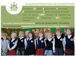 Prowadzimy 24 szkoły (4 podstawowe, 9 gimnazjów,
                     9 ponadgimnazjalnych i 1 szkołę muzyczną), w których
                     uczy się ponad 3700 uczniów. W szkołach jest
                     zatrudnionych 48 salezjanów i 387 nauczycieli
                     świeckich.
Na szczeblu inspektorialnym funkcjonuje Biuro do spraw   Szkół i Ośrodków
Wychowawczych z kierownikiem, zatrudnionym na mocy delegacji inspektora.
 