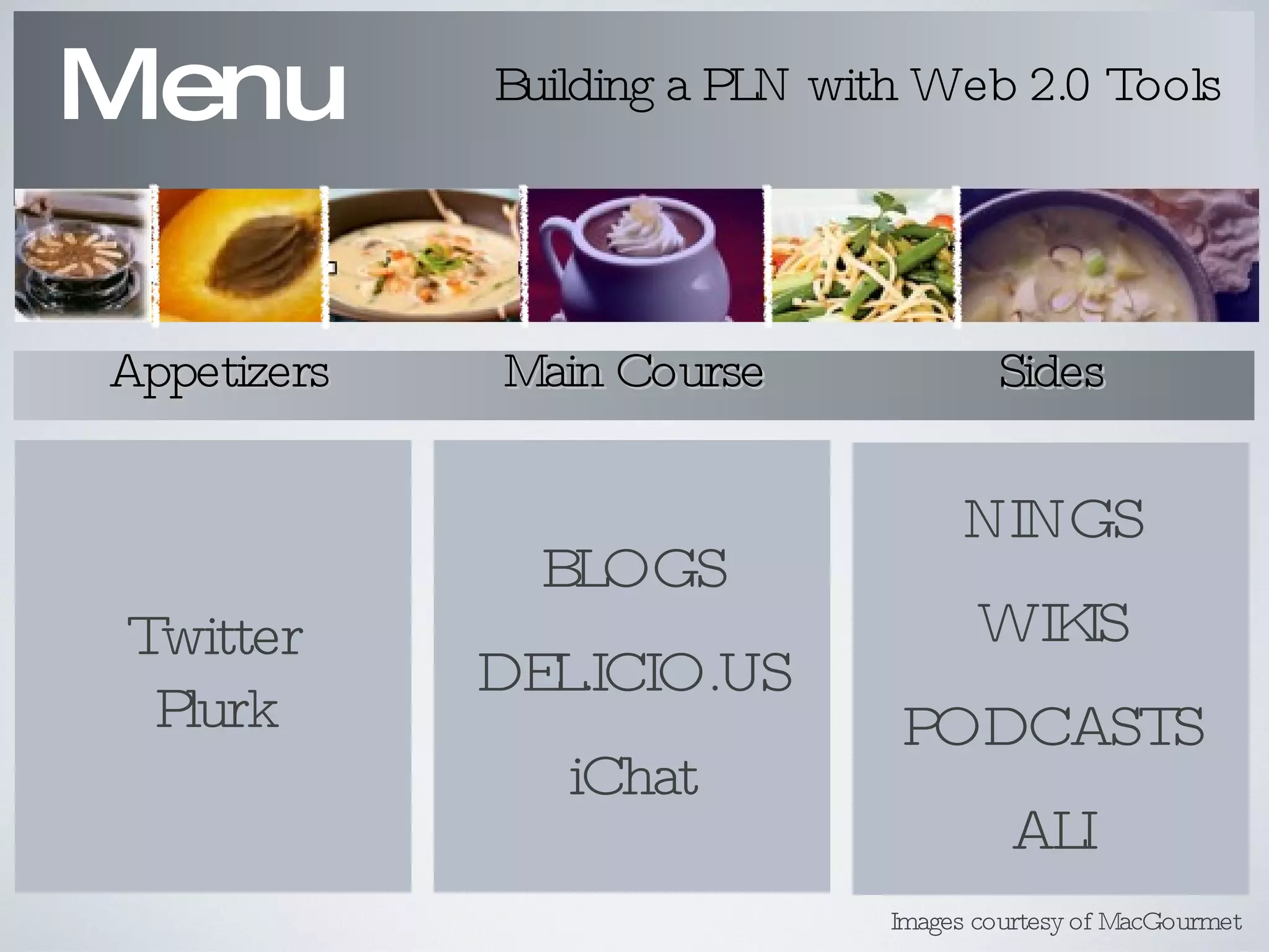Twitter Plurk Menu BLOGS DEL.ICIO.US iChat NINGS WIKIS PODCASTS ALI Appetizers Main Course Sides Building a PLN with Web 2.0 Tools Images courtesy of MacGourmet 