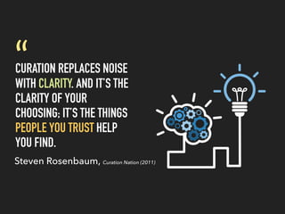 CURATION REPLACES NOISE
WITH CLARITY. AND IT’S THE
CLARITY OF YOUR
CHOOSING; IT’S THE THINGS
PEOPLE YOU TRUST HELP
YOU FIND.
“
Steven Rosenbaum, Curation Nation (2011)
 