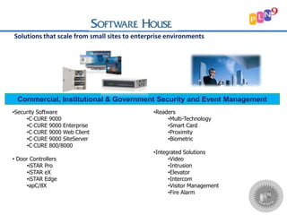 •Security Software
•C∙CURE 9000
•C∙CURE 9000 Enterprise
•C∙CURE 9000 Web Client
•C∙CURE 9000 SiteServer
•C∙CURE 800/8000
• Door Controllers
•iSTAR Pro
•iSTAR eX
•iSTAR Edge
•apC/8X
Commercial, Institutional & Government Security and Event Management
•Readers
•Multi-Technology
•Smart Card
•Proximity
•Biometric
•Integrated Solutions
•Video
•Intrusion
•Elevator
•Intercom
•Visitor Management
•Fire Alarm
Solutions that scale from small sites to enterprise environments
 