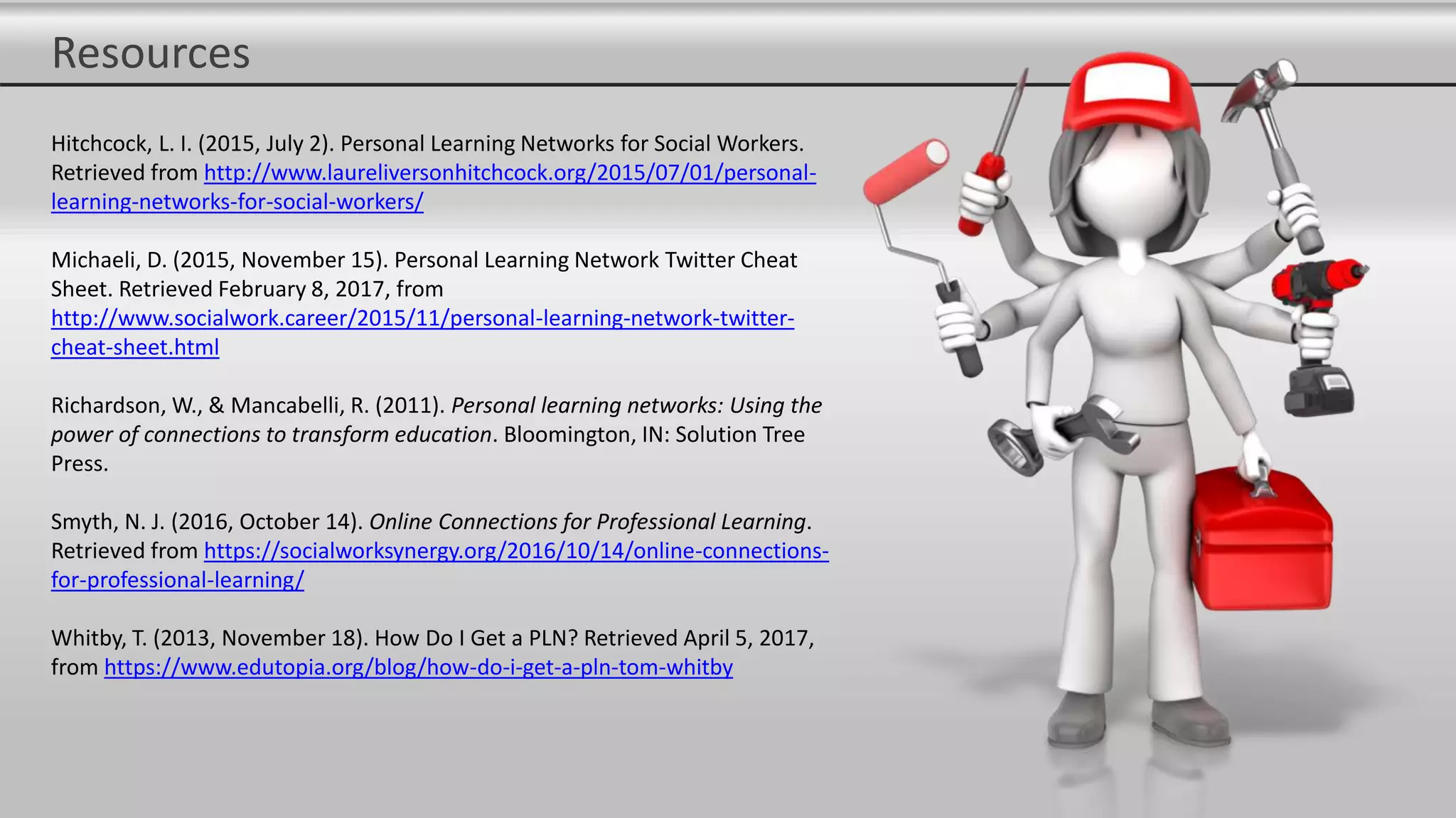 Resources
Hitchcock, L. I. (2015, July 2). Personal Learning Networks for Social Workers.
Retrieved from http://www.laureliversonhitchcock.org/2015/07/01/personal-
learning-networks-for-social-workers/
Michaeli, D. (2015, November 15). Personal Learning Network Twitter Cheat
Sheet. Retrieved February 8, 2017, from
http://www.socialwork.career/2015/11/personal-learning-network-twitter-
cheat-sheet.html
Richardson, W., & Mancabelli, R. (2011). Personal learning networks: Using the
power of connections to transform education. Bloomington, IN: Solution Tree
Press.
Smyth, N. J. (2016, October 14). Online Connections for Professional Learning.
Retrieved from https://socialworksynergy.org/2016/10/14/online-connections-
for-professional-learning/
Whitby, T. (2013, November 18). How Do I Get a PLN? Retrieved April 5, 2017,
from https://www.edutopia.org/blog/how-do-i-get-a-pln-tom-whitby
 