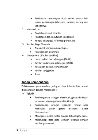    Pendataan sambungan tidak resmi antara lain
              lampu penerangan jalan, pos satpam, warung dan
              sebagainya.
   2. Infrastruktur
            Pendataan kondisi kantor
            Pendataan dan kebutuhan kendaraan
            Kondisi Teknologi Informasi penunjang
   3. Sumber Daya Manusia
           Asesment kemampuan petugas
           Perencanaan pelatihan
   4. Kinerja awal (6 bulan terakhir)
            Lama padam per pelanggan (SAIDI)
            Jumlah padam per pelanggan (SAIFI)
            Kesalahan baca meter per bulan
            Jumlah tunggakan
            Susut


   Tahap Pembenahan
   Pelaksanaan pembenahan jaringan dan infrastruktur mulai
   dilaksanakan dengan melakukan :
    Teknik
             Pembangunan jaringan distribusi, gardu distribusi
              untuk mendukung pencapaian kinerja
             Pembenahan jaringan tegangan rendah agar
              maneuver      antar gardu    distribusi dapat
              dilaksanakan.
             Mengganti meter-meter dengan teknologi terbaru.
             Melengkapi data peta jaringan lengkap dengan
              sambungan rumah.

9|P age
 