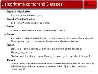 L'algorithme comprend 6 étapes :
– Étape 1 : Initialisation
L = {relaxation initiale}, zU = .
– Étape 2 : Test d'optimalité
Si L =  , x* est la solution optimale.
– Étape 3
Choisir un sous-problème i et l'éliminer de la liste L.
– Étape 4
Résoudre la relaxation linéaire de i. Si elle n'est pas réalisable, allez à l'étape 3
Sinon, poser zi
LP et xi la valeur et la solution optimales obtenues.
– Étape 5
Si zi
LP  zU , aller à l'étape 2. Si xi n'est pas entière, aller à l'étape 6.
Sinon zU = zi
LP, x* = xi.
Éliminer de L tous les sous-problèmes j tels que zj
LP  zU et aller à l'étape 2.
– Étape 6
Choisir une variable binaire ayant une valeur fractionnaire dans la solution xi et
subdiviser le problème i à partir de cette variable. Ajouter les nouveaux
problèmes à L.
22
 