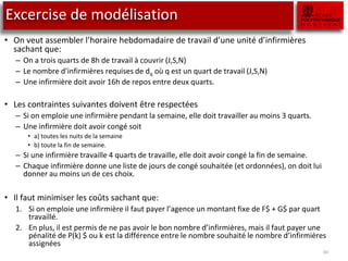 Excercise de modélisation
• On veut assembler l’horaire hebdomadaire de travail d’une unité d’infirmières
sachant que:
– On a trois quarts de 8h de travail à couvrir (J,S,N)
– Le nombre d’infirmières requises de dq où q est un quart de travail (J,S,N)
– Une infirmière doit avoir 16h de repos entre deux quarts.
• Les contraintes suivantes doivent être respectées
– Si on emploie une infirmière pendant la semaine, elle doit travailler au moins 3 quarts.
– Une infirmière doit avoir congé soit
• a) toutes les nuits de la semaine
• b) toute la fin de semaine.
– Si une infirmière travaille 4 quarts de travaille, elle doit avoir congé la fin de semaine.
– Chaque infirmière donne une liste de jours de congé souhaitée (et ordonnées), on doit lui
donner au moins un de ces choix.
• Il faut minimiser les coûts sachant que:
1. Si on emploie une infirmière il faut payer l’agence un montant fixe de F$ + G$ par quart
travaillé.
2. En plus, il est permis de ne pas avoir le bon nombre d’infirmières, mais il faut payer une
pénalité de P(k) $ ou k est la différence entre le nombre souhaité le nombre d’infirmières
assignées
43
 