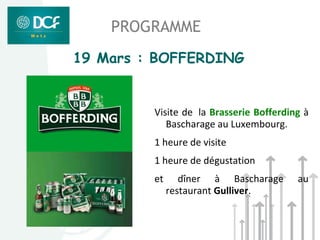PROGRAMME
19 Mars : BOFFERDING


         Visite de la Brasserie Bofferding à
            Bascharage au Luxembourg.
         1 heure de visite
         1 heure de dégustation
         et      dîner à Bascharage      au
              restaurant Gulliver.
 