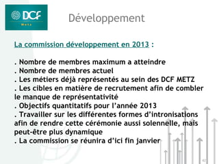 Développement

La commission développement en 2013 :

. Nombre de membres maximum a atteindre
. Nombre de membres actuel
. Les métiers déjà représentés au sein des DCF METZ
. Les cibles en matière de recrutement afin de combler
le manque de représentativité
. Objectifs quantitatifs pour l’année 2013
. Travailler sur les différentes formes d’intronisations
afin de rendre cette cérémonie aussi solennelle, mais
peut-être plus dynamique
. La commission se réunira d’ici fin janvier

                                                       42
 