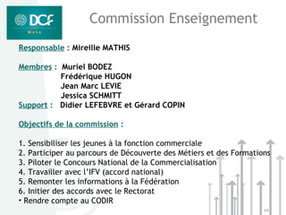 Commission Enseignement
Responsable : Mireille MATHIS

Membres : Muriel BODEZ
          Frédérique HUGON
          Jean Marc LEVIE
          Jessica SCHMITT
Support : Didier LEFEBVRE et Gérard COPIN

Objectifs de la commission :

1. Sensibiliser les jeunes à la fonction commerciale
2. Participer au parcours de Découverte des Métiers et des Formations
3. Piloter le Concours National de la Commercialisation
4. Travailler avec l’IFV (accord national)
5. Remonter les informations à la Fédération
6. Initier des accords avec le Rectorat
• Rendre compte au CODIR
                                                                   44
 