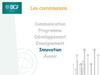 Les commissions


 Communication
  Programme
 Développement
 Enseignement
   Innovation
     Avenir
 