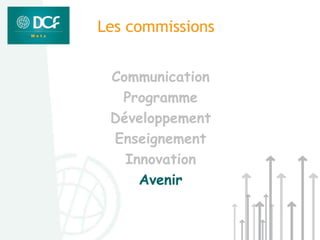 Les commissions


 Communication
  Programme
 Développement
 Enseignement
   Innovation
     Avenir
 