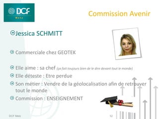 Commission Avenir

    Jessica SCHMITT

    Commerciale chez GEOTEK

    Elle aime : sa chef (ça fait toujours bien de le dire devant tout le monde)
    Elle déteste : Etre perdue
    Son métier : Vendre de la géolocalisation afin de retrouver
    tout le monde
    Commission : ENSEIGNEMENT


DCF Metz                                                 52
 