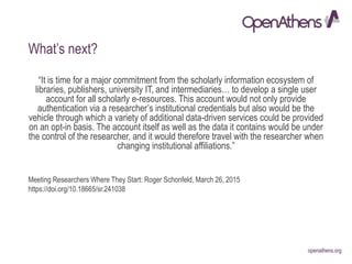 openathens.orgopenathens.org
What’s next?
“It is time for a major commitment from the scholarly information ecosystem of
libraries, publishers, university IT, and intermediaries… to develop a single user
account for all scholarly e-resources. This account would not only provide
authentication via a researcher’s institutional credentials but also would be the
vehicle through which a variety of additional data-driven services could be provided
on an opt-in basis. The account itself as well as the data it contains would be under
the control of the researcher, and it would therefore travel with the researcher when
changing institutional affiliations.”
Meeting Researchers Where They Start: Roger Schonfeld, March 26, 2015
https://doi.org/10.18665/sr.241038
 