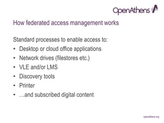 openathens.orgopenathens.org
How federated access management works
Standard processes to enable access to:
• Desktop or cloud office applications
• Network drives (filestores etc.)
• VLE and/or LMS
• Discovery tools
• Printer
• …and subscribed digital content
 