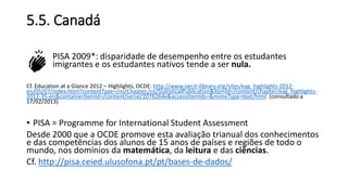 5.5. Canadá
PISA 2009*: disparidade de desempenho entre os estudantes
imigrantes e os estudantes nativos tende a ser nula.
Cf. Education at a Glance 2012 – Highlights, OCDE: http://www.oecd-ilibrary.org/sites/eag_highlights-2012-
en/05/07/index.html?contentType=/ns/Chapter,/ns/StatisticalPublication&itemId=/content/chapter/eag_highlights-
2012-35-en&containerItemId=/content/serial/2076264x&accessItemIds=&mimeType=text/html (consultado a
17/02/2013)
• PISA = Programme for International Student Assessment
Desde 2000 que a OCDE promove esta avaliação trianual dos conhecimentos
e das competências dos alunos de 15 anos de países e regiões de todo o
mundo, nos domínios da matemática, da leitura e das ciências.
Cf. http://pisa.ceied.ulusofona.pt/pt/bases-de-dados/
 