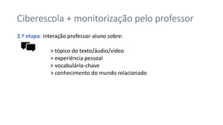 Ciberescola + monitorização pelo professor
2.º etapa: interação professor-aluno sobre:
> tópico do texto/áudio/vídeo
> experiência pessoal
> vocabulário-chave
> conhecimento do mundo relacionado
 