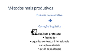 Métodos mais produtivos
Fluência comunicativa
Correção linguística
Papel do professor:
▪ facilitador
▪ organiza contextos interacionais
▪ adapta materiais
▪ autor de materiais
 