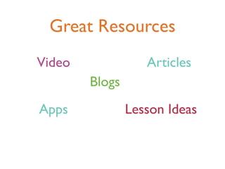 Great Resources
Video              Articles
        Blogs
Apps            Lesson Ideas
 