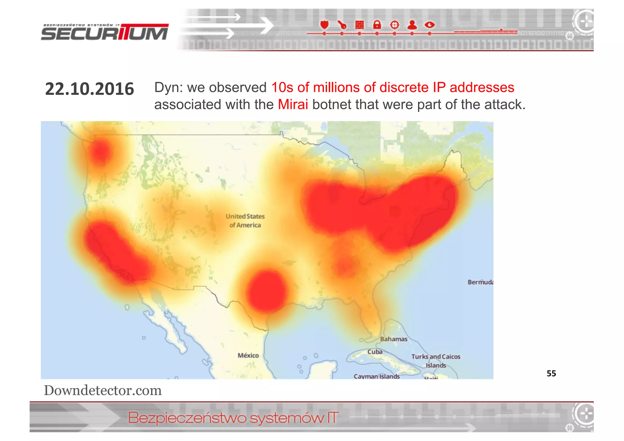 22.10.2016
55
Dyn:  we  observed  10s  of  millions  of  discrete  IP  addresses  
associated  with  the  Mirai  botnet  that  were  part  of  the  attack.
Downdetector.com
 