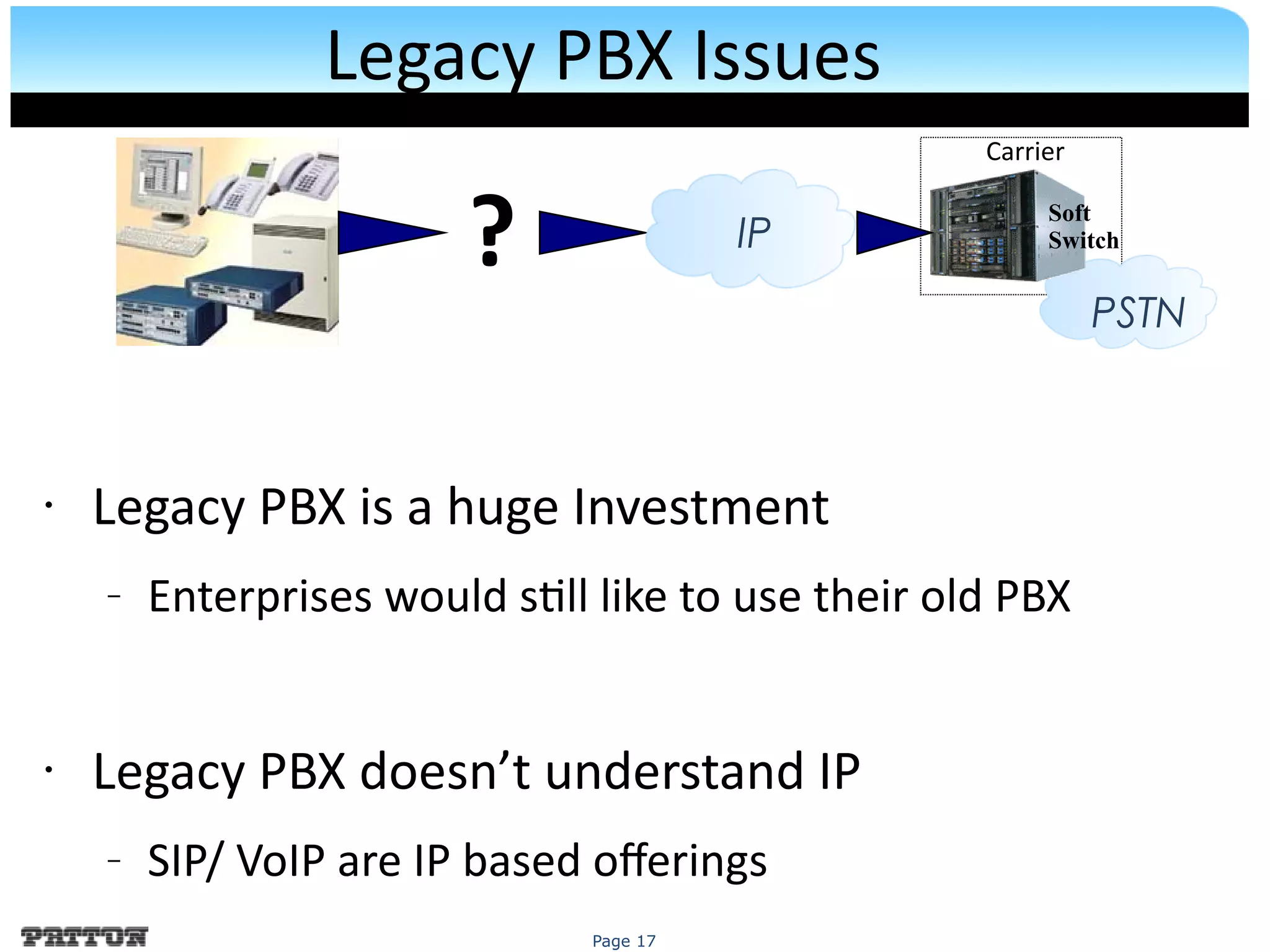 Page 17
Legacy PBX Issues
• Legacy PBX is a huge Investment
– Enterprises would stll like to use their old PBX
• Legacy PBX doesn’t understand IP
– SIP/ VoIP are IP based oferings
? IP
Carrier
PSTN
Soft
Switch
 