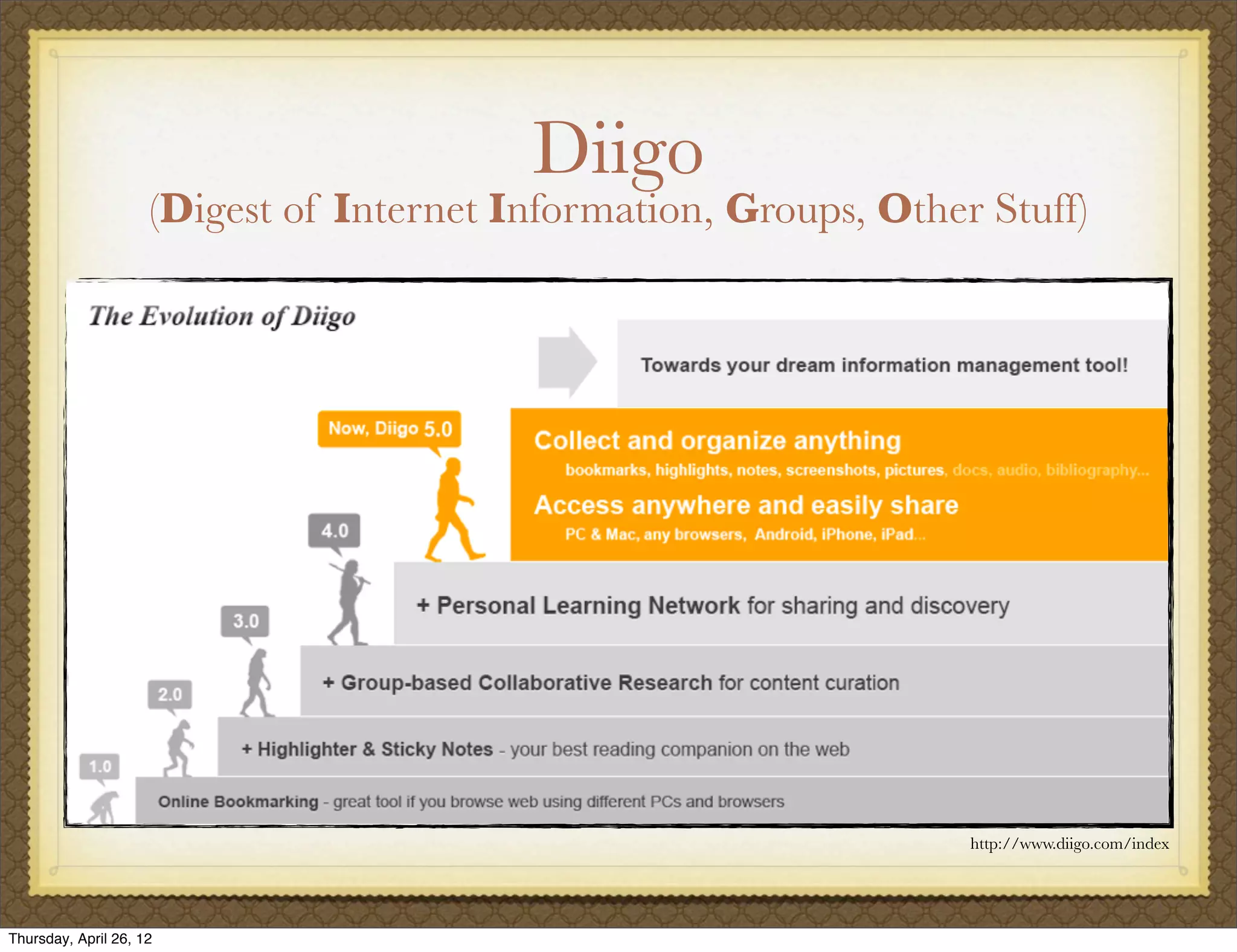 Diigo
                     (Digest of Internet Information, Groups, Other Stuff)




                                                                   http://www.diigo.com/index




Thursday, April 26, 12
 