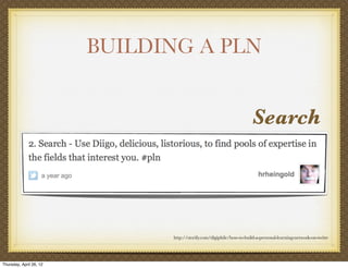 BUILDING A PLN


                                                                       Search




                               http://storify.com/digiphile/how-to-build-a-personal-learning-network-on-twitte




Thursday, April 26, 12
 