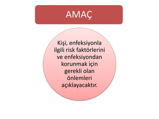 AMAÇ
Kişi, enfeksiyonla
ilgili risk faktörlerini
ve enfeksiyondan
korunmak için
gerekli olan
önlemleri
açıklayacaktır.
 