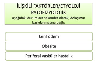 Lenf ödem
Obesite
Periferal vasküler hastalık
İLİŞKİLİ FAKTÖRLER/ETYOLOJİ
PATOFİZYOLOJİK
Aşağıdaki durumlara sekonder olarak, dolaşımın
baskılanmasına bağlı;
 