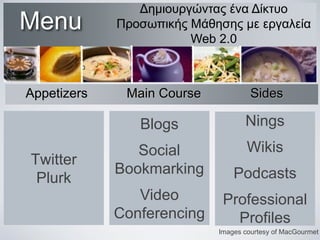 Menu
Appetizers

Δημιουργώντας ένα Δίκτυο
Προσωπικής Μάθησης με εργαλεία
Web 2.0

Main Course

Sides

Blogs
Twitter
Plurk

Nings

Social
Bookmarking

Wikis
Podcasts

Video
Conferencing

Professional
Profiles
Images courtesy of MacGourmet

 