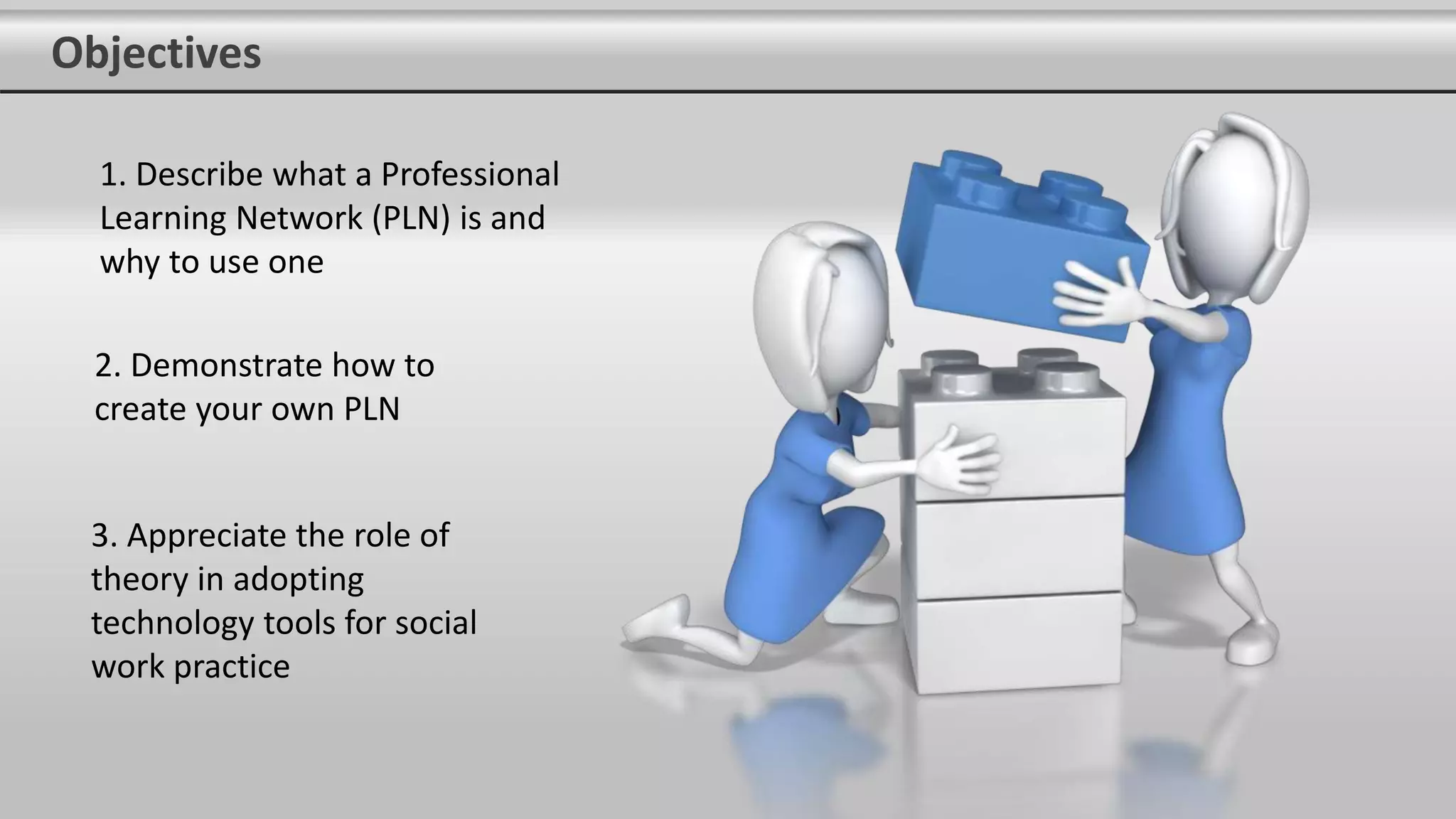 Objectives
3. Appreciate the role of
theory in adopting
technology tools for social
work practice
1. Describe what a Professional
Learning Network (PLN) is and
why to use one
2. Demonstrate how to
create your own PLN
 