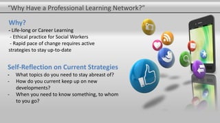 Why?
- Life-long or Career Learning
- Ethical practice for Social Workers
- Rapid pace of change requires active
strategies to stay up-to-date
“Why Have a Professional Learning Network?”
Self-Reflection on Current Strategies
- What topics do you need to stay abreast of?
- How do you current keep up on new
developments?
- When you need to know something, to whom
to you go?
 