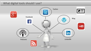 What digital tools should I use?
Podcasts
Facebook
Twitter
Blog
LinkedIN
 