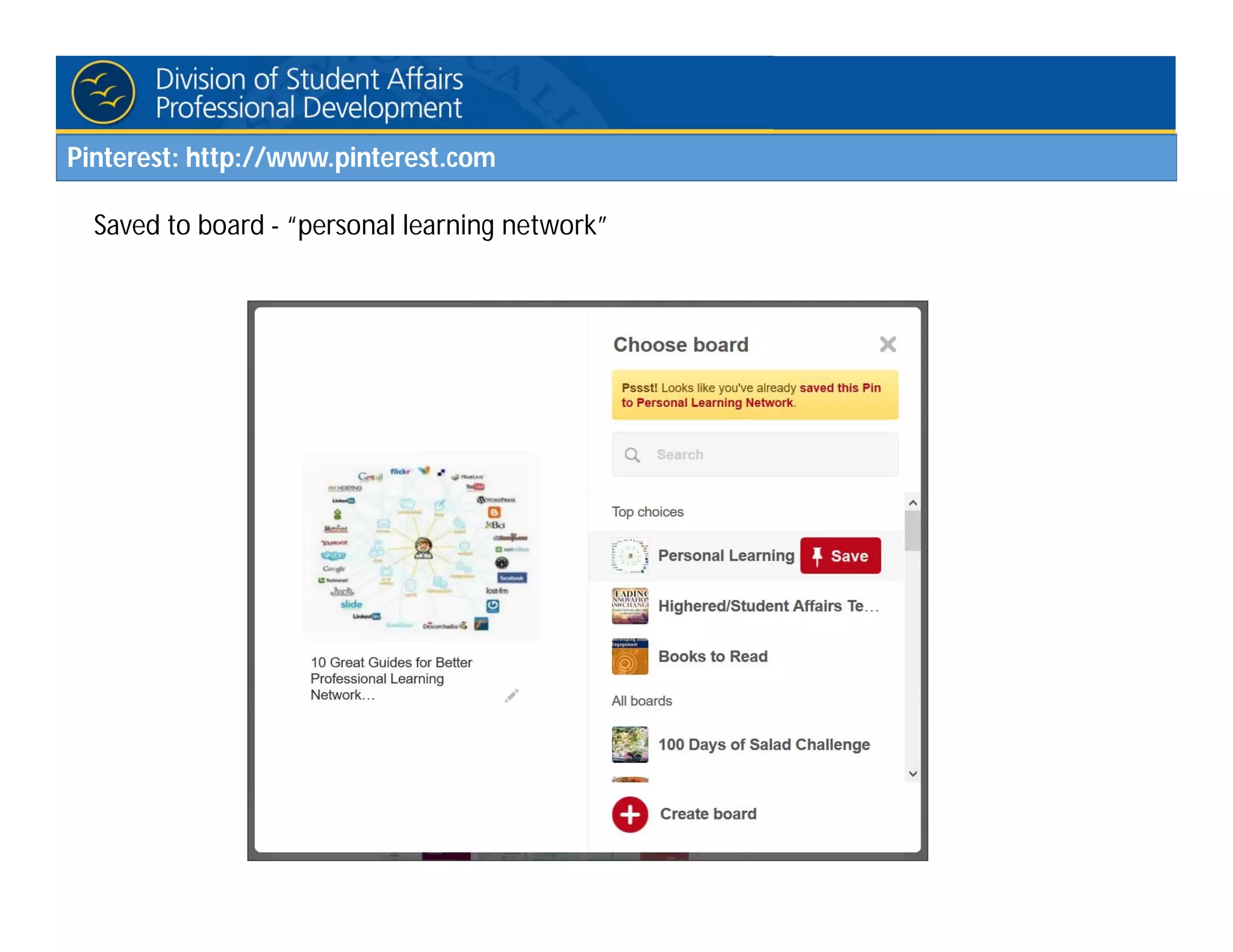 Pinterest: http://www.pinterest.com
Saved to board - “personal learning network”
 