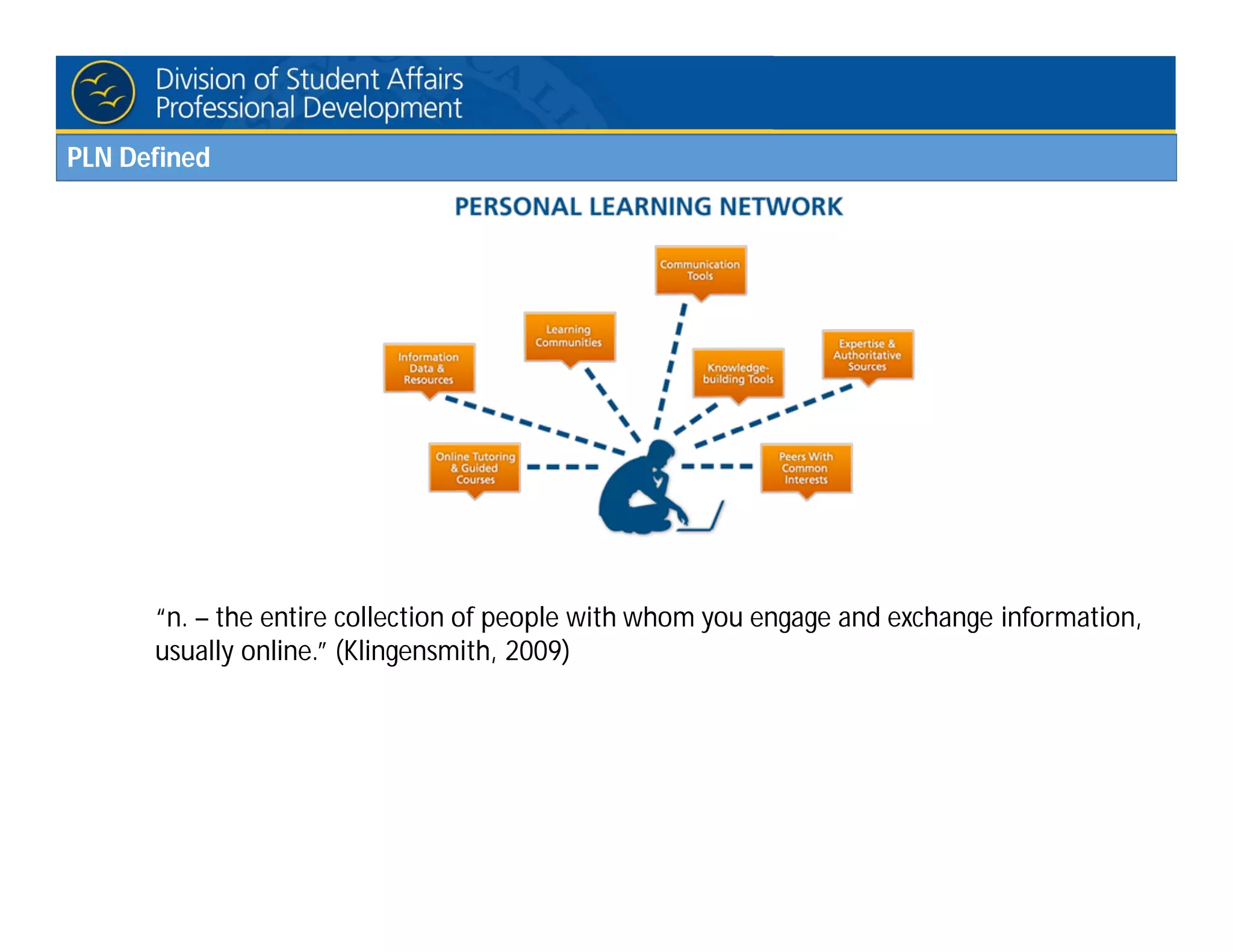 “n. – the entire collection of people with whom you engage and exchange information,
usually online.” (Klingensmith, 2009)
PLN Defined
 