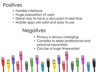 Positives
Negatives
• Familiar interface
• Huge population of users
• Great way to have a discussion in real time
• Mobile apps are solid and easy to use
• Privacy is always changing
• Complex to keep professional and
personal separated
• Can be a huge timewaster!
 