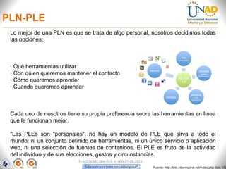 PLN-PLE
 Lo mejor de una PLN es que se trata de algo personal, nosotros decidimos todas
 las opciones:



 · Qué herramientas utilizar
 · Con quien queremos mantener el contacto
 · Cómo queremos aprender
 · Cuando queremos aprender



 Cada uno de nosotros tiene su propia preferencia sobre las herramientas en línea
 que le funcionan mejor.

 "Las PLEs son "personales", no hay un modelo de PLE que sirva a todo el
 mundo: ni un conjunto definido de herramientas, ni un único servicio o aplicación
 web, ni una selección de fuentes de contenidos. El PLE es fruto de la actividad
 del individuo y de sus elecciones, gustos y circunstancias.
                           FI-GQ-OCMC-004-015 V. 000-27-08-2011
                                                                  Fuente: http://bits.ciberespiral.net/index.php (bits 17)
 