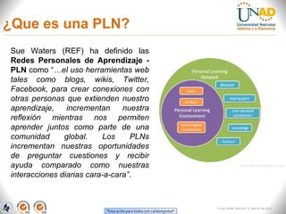 ¿Que es una PLN?
Sue Waters (REF) ha definido las
Redes Personales de Aprendizaje -
PLN como “…el uso herramientas web
tales como blogs, wikis, Twitter,
Facebook, para crear conexiones con
otras personas que extienden nuestro
aprendizaje,    incrementan     nuestra
reflexión mientras nos permiten
aprender juntos como parte de una
comunidad      global.    Los     PLNs
incrementan nuestras oportunidades
de preguntar cuestiones y recibir
ayuda comparado como nuestras
interacciones diarias cara-a-cara”.



                                          FI-GQ-OCMC-004-015 V. 000-27-08-2011
 