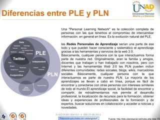 Diferencias entre PLE y PLN
                 Una "Personal Learning Network" es la colección completa de
                 personas con las que tenemos el compromiso de intercambiar
                 información, en general en línea. Es la evolución natural del PLE.

                 las Redes Personales de Aprendizaje serían una parte de ese
                 todo y que pueden hacer consciente y sistemático el aprendizaje
                 gracias a las herramientas y servicios de la web 2.0.
                 Básicamente, cualquier persona con la que interactuamos forma
                 parte de nuestra red. Originalmente, eran la familia y amigos,
                 docentes que trabajan o han trabajado con nosotros, pero con
                 Internet y las herramientas Web 2.0 las PLN pueden incluir
                 diferentes comunidades: redes sociales, blogs, wikis, marcadores
                 sociales. Básicamente, cualquier persona con la que
                 interactuamos es parte de nuestra PLN. La mayoría de los
                 aprendizajes se llevan a cabo en línea, porque es fácil de
                 encontrar y conectarse con otras personas con intereses similares
                 de todo el mundo.El aprendizaje social, la facilidad de encontrar y
                 compartir, de retroalimentarnos nos permite el desarrollo
                 profesional, la localización de recursos para la formación, obtener
                 ideas y experiencias de profesionales de la formación y de
                 expertos, buscar soluciones en colaboración y acceder a noticias y
                 novedades.

             FI-GQ-OCMC-004-015 V. 000-27-08-2011
                                                    Fuente: http://bits.ciberespiral.net/index.php (bits 17)
 