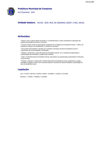 Prefeitura Municipal de Campinas
Ano Orçamento : 2016
091100 - SECR. MUN. DE CIDADANIA, ASSIST. E INCL. SOCIALUnidade Gestora:
Atribuições:
* Buscar, junto a outras esferas de governo, os entendimentos e meios necessários à aplicação das
políticas de assistência social no município;
* Cumprir e fazer cumprir as disposições constantes da Lei Orgânica de Assistência Social – LOAS e do
Estatuto da Criança e do Adolescente, no âmbito do município;
* Dar suporte administrativo e facilitar aos conselhos municipais da área de assistência social o
cumprimento de suas finalidades e atribuições;
* Elaborar, anualmente, o plano Municipal de Assistência Social, com a respectiva programação e
orçamentação das atividades e projetos nele inseridos;
* Gerir o Fundo Municipal de Assistência Social, executando sua programação orçamentária e financeira,
na forma de lei;
* Planejar, organizar e implementar a Política Municipal de Assistência Social, englobando as ações,
atividades e projetos e tendo como diretrizes básicas o processo de descentralização e participação da
área de assistência social.
Legislação:
Leis: 7.721/93, 8.261/95, 8.724/95, 9.340/97, 10.248/99, 11.323/02 e 13.510/08.
Decretos: 11.792/95, 11.865/95 e 12.254/96.
218 de 565
 