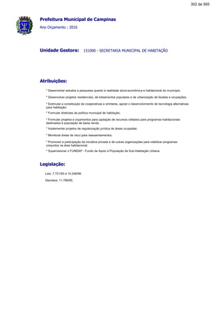 Prefeitura Municipal de Campinas
Ano Orçamento : 2016
151000 - SECRETARIA MUNICIPAL DE HABITAÇÃOUnidade Gestora:
Atribuições:
* Desenvolver estudos e pesquisas quanto à realidade sócio-econômica e habitacional do município;
* Desenvolver projetos residenciais, de loteamentos populares e de urbanização de favelas e ocupações;
* Estimular a constituição de cooperativas e similares, apoiar o desenvolvimento de tecnologia alternativas
para habitação;
* Formular diretrizes da política municipal de habitação;
* Formular projetos e orçamentos para captação de recursos voltados para programas habitacionais
destinados à população de baixa renda;
* Implementar projetos de regularização jurídica de áreas ocupadas;
* Monitorar áreas de risco para reassentamentos;
* Promover a participação da iniciativa privada e de outras organizações para viabilizar programas
conjuntos na área habitacional;
* Supervisionar o FUNDAP - Fundo de Apoio à População de Sub-Habitação Urbana.
Legislação:
Leis: 7.721/93 e 10.248/99.
Decretos: 11.789/95.
302 de 565
 