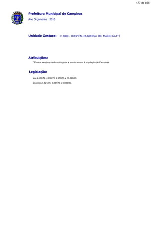 Prefeitura Municipal de Campinas
Ano Orçamento : 2016
513000 - HOSPITAL MUNICIPAL DR. MÁRIO GATTIUnidade Gestora:
Atribuições:
* Prestar serviços médico-cirúrgicos e pronto socorro à população de Campinas.
Legislação:
leis:4.426/74, 4.656/79, 4.950/79 e 10.248/99.
Decretos:4.821/76, 5.831/79 e 6.036/80.
477 de 565
 